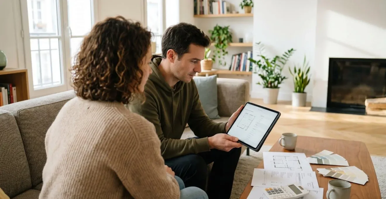 Un couple trentenaire consulte attentivement une tablette sur un canapé moderne, entouré de documents de travaux et d'une calculatrice posée sur la table basse