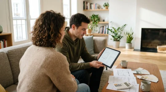Un couple trentenaire consulte attentivement une tablette sur un canapé moderne, entouré de documents de travaux et d'une calculatrice posée sur la table basse
