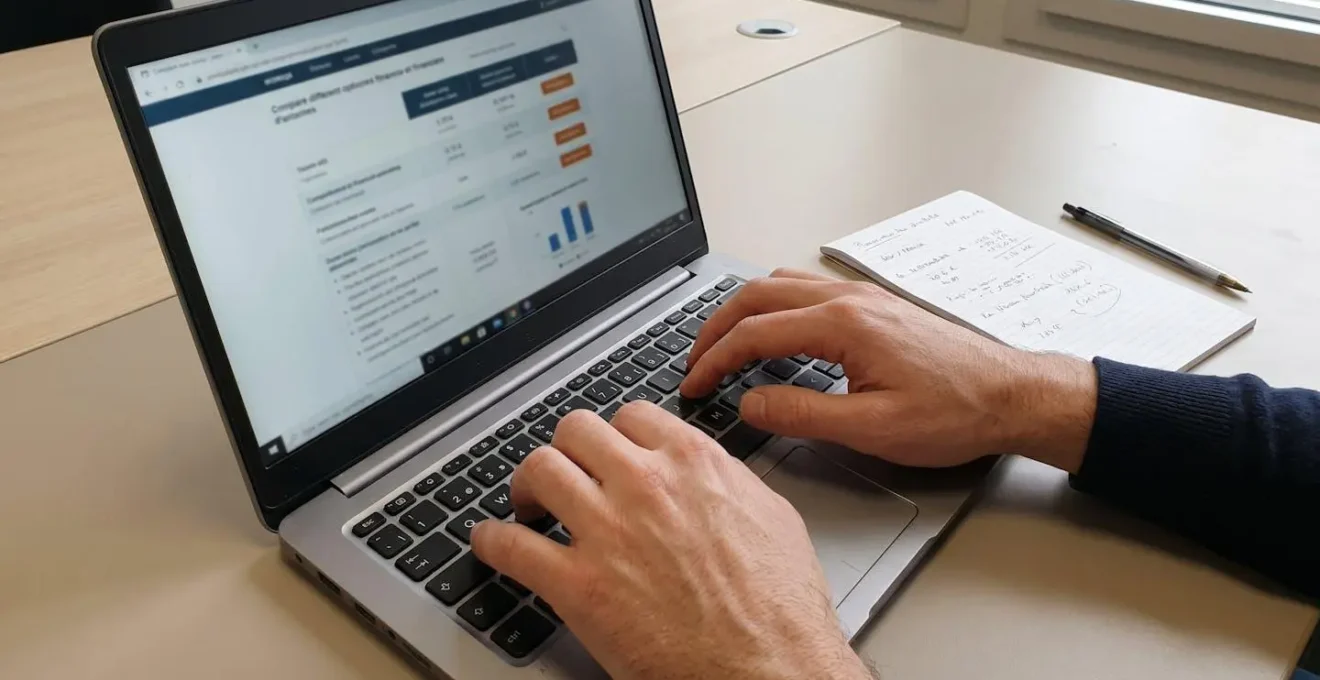 Gros plan sur des mains tapant sur un clavier d'ordinateur portable, avec un carnet de notes et un stylo posés à côté sur un bureau moderne